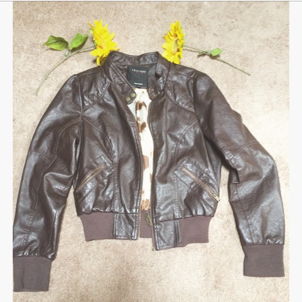 Dark brown faux leather bomber jacket